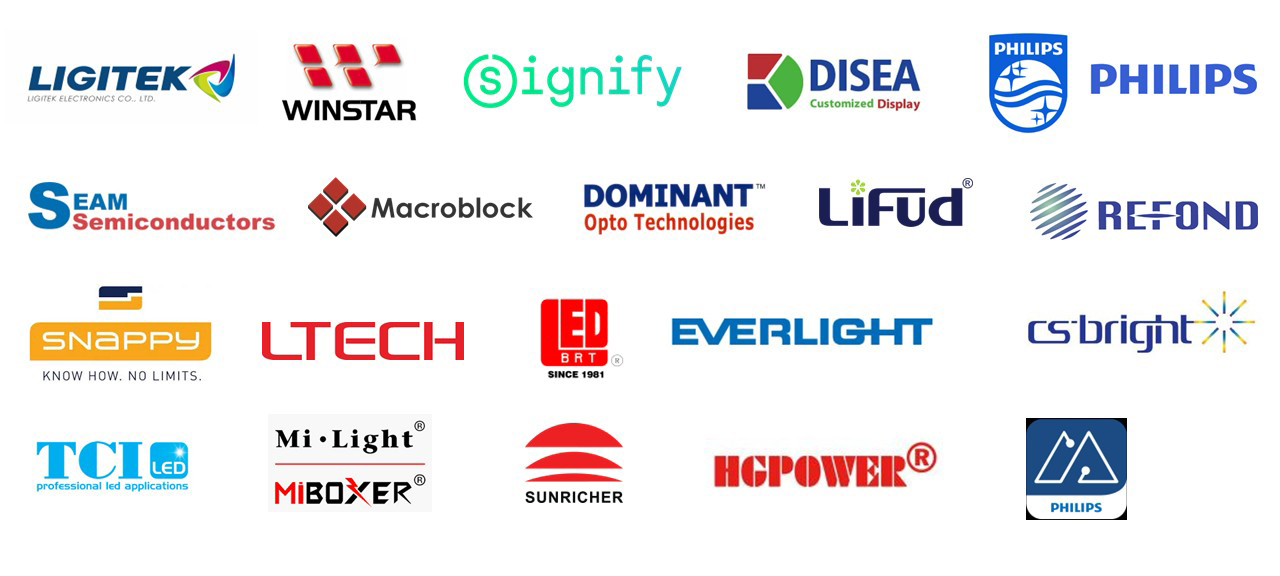 Logos of Plus Opto's manufacturer partners: Ligitek, Winstar, Signify, Disea, Philips, SEAM Semiconductors, Macroblock, Dominant Opto Technologies, Lifud, Refond, Snappy, Ltech, LED BRT, Everlight, CS Bright, TCI LED, Mi-Light/MiBoxer, Sunricher and HGPower.